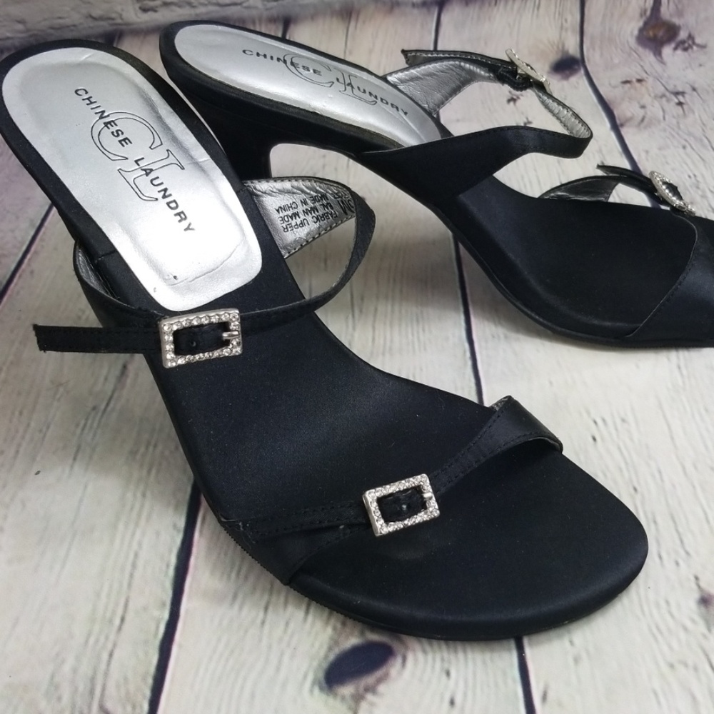 Black satin double strap dress sandles